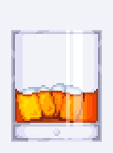 Pixelart image of whiskey glass with two ice cubes.